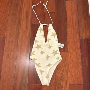 Lovers+Friends one piece swim. Thick white knit with metallic gold stars